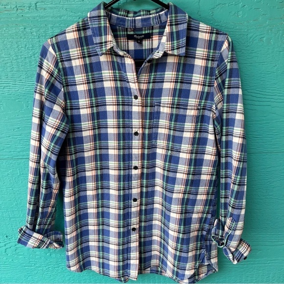 Madewell Tops - Madewell Flannel Plaid Shirt Medium Blue Cream Green Button Up Shirt Size Medium